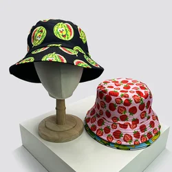 New Unisex Fruits Vegetables Print Bucket Hats Sunshade Versatile European American Fashion Double Sided Wearable Fisherman Caps