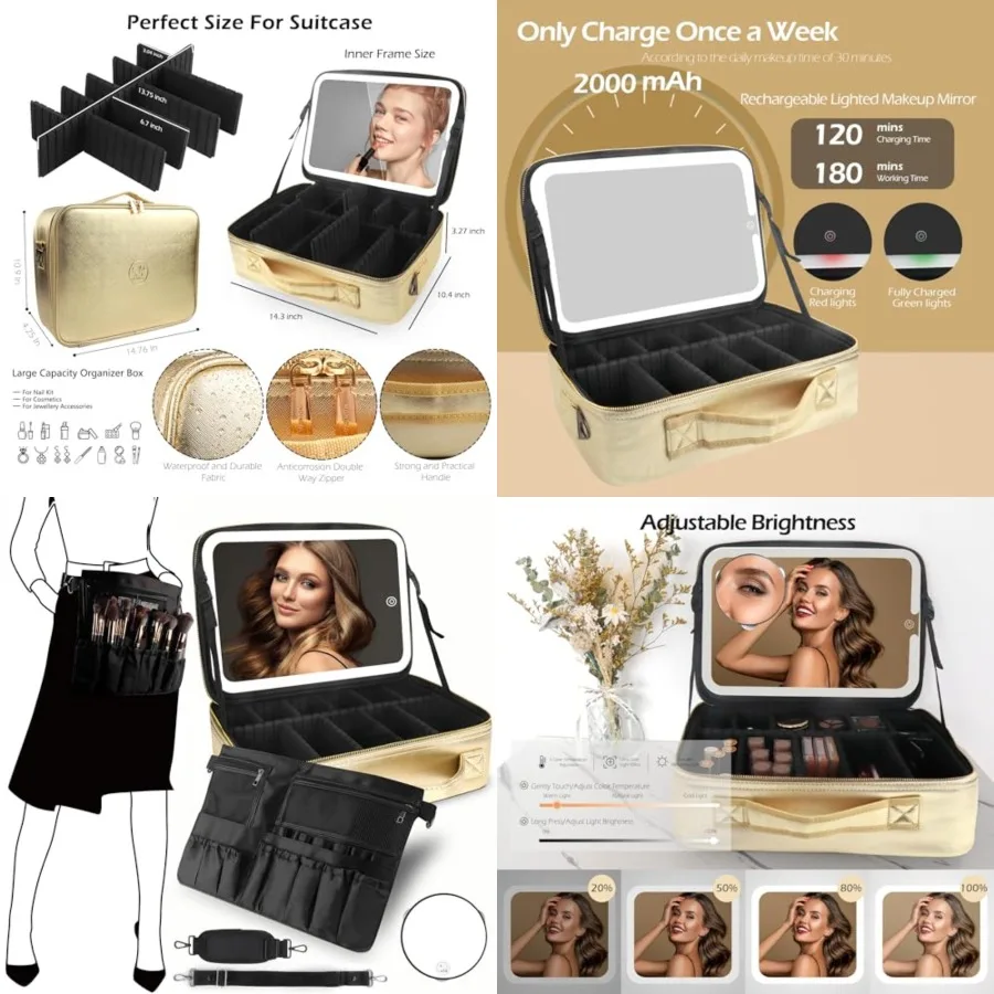 

Makeup Train Case with Lighted and Mirror 14inch Partitionable Cosmetic Bag Travel Makeup Case Professional Cosmetic Artist Org