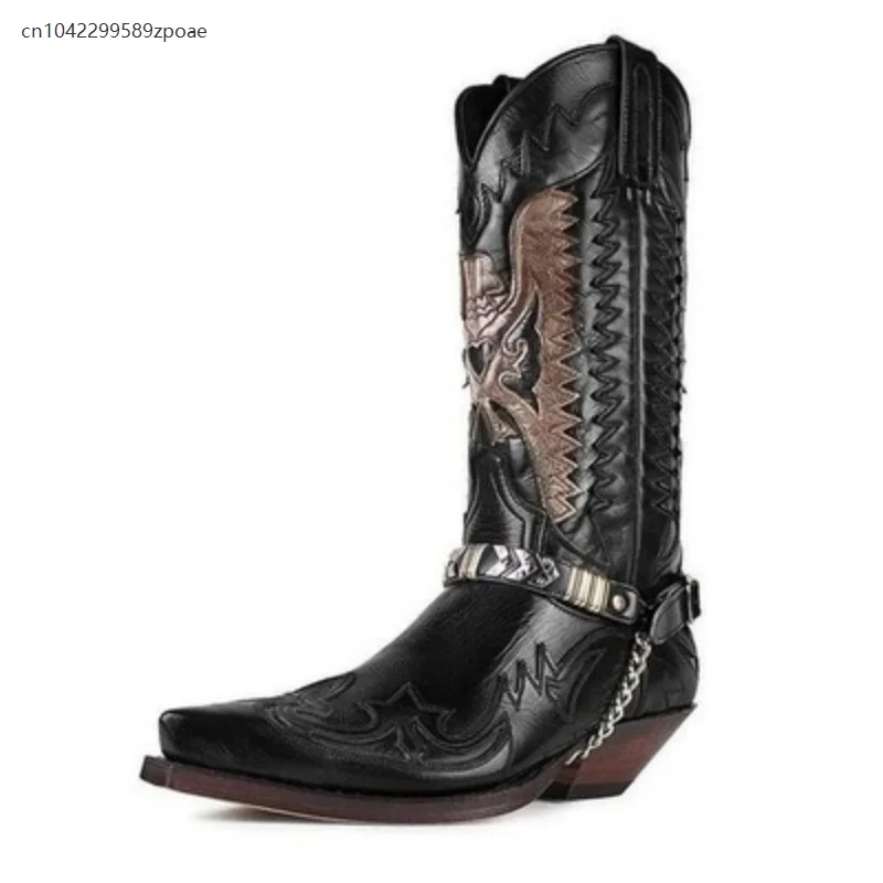 Botas chelsea com fivela de corrente de metal, salto grosso bordado colorblock gótico steampunk locomotiva cosplay botas de cavaleiro masculinas