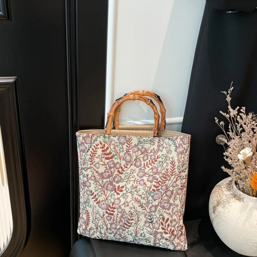 Cloth Material Bamboo Knot Handbag Floral Flower Print Vintage Chinese Style Tote Large Capacity Artistic Canvas Handbag
