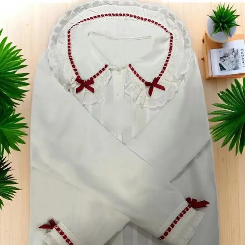 2025 Camisas De Mujer Japanese Women's Blouses Lolita Style Puff Sleeve Peter Pan Collar White Shirts Fashion Sweet Cute Tops