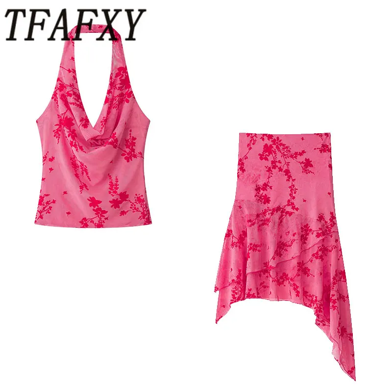 

TFAFXY 2026 Summer Elegant Women Skirt Mesh Suit Sleeveless Backless Halter Top Asymmetrical Skirt Fashion Beach Sets