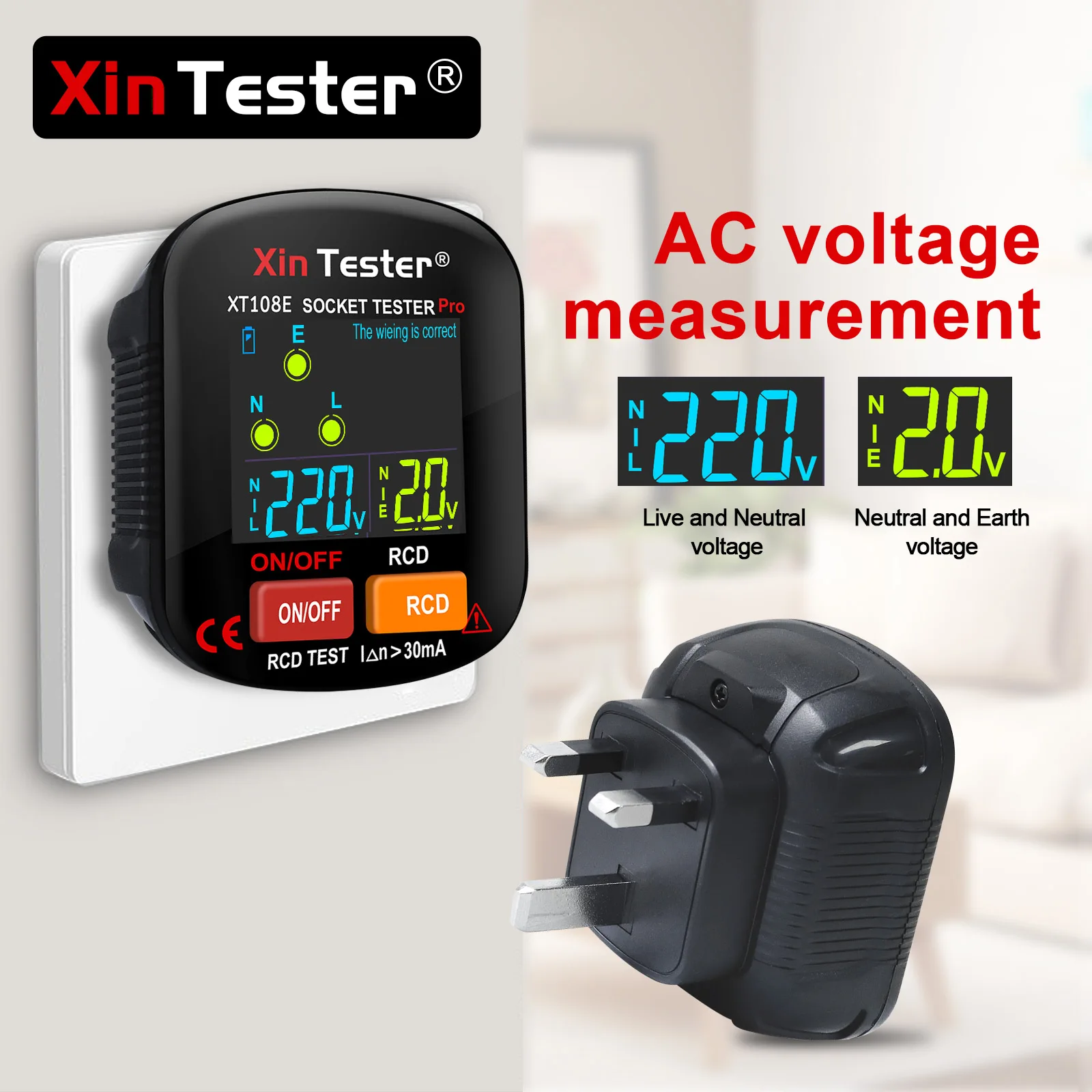 Xin tester 30ma tela colorida soquete testador de saída detector rcd terra ao vivo zero linha polaridade fase verificação tensão ferramenta