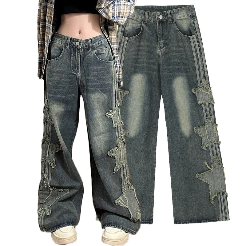 

New Star Embroidery Jeans Mens Women Straight Wide-Leg Denim Pants American Style Spring Autumn Fashion High Street Trousers