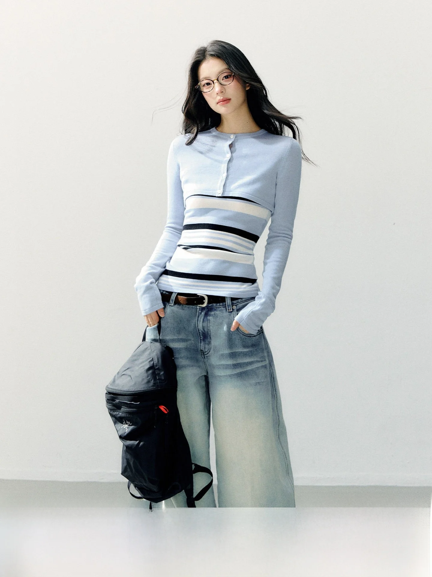 

7Shiftin Casual Striped Innerwear Long Sleeve Cover up Shoulder Design Two Piece Set Women's Fashion Breathable Spring Autumn
