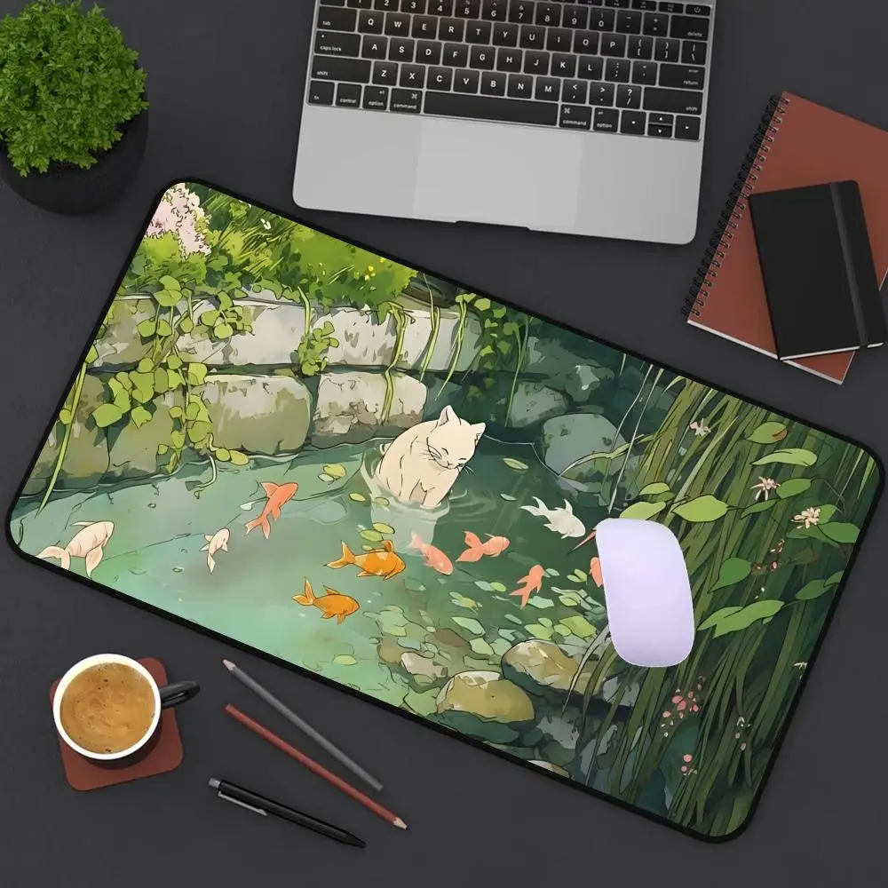 Cute Cartoon Cat Fish Mouse Pad Green Large Computer Keyboard Pad Natural Rubber Anti-Slip Pad Perfect Gift for Girlfriend Women