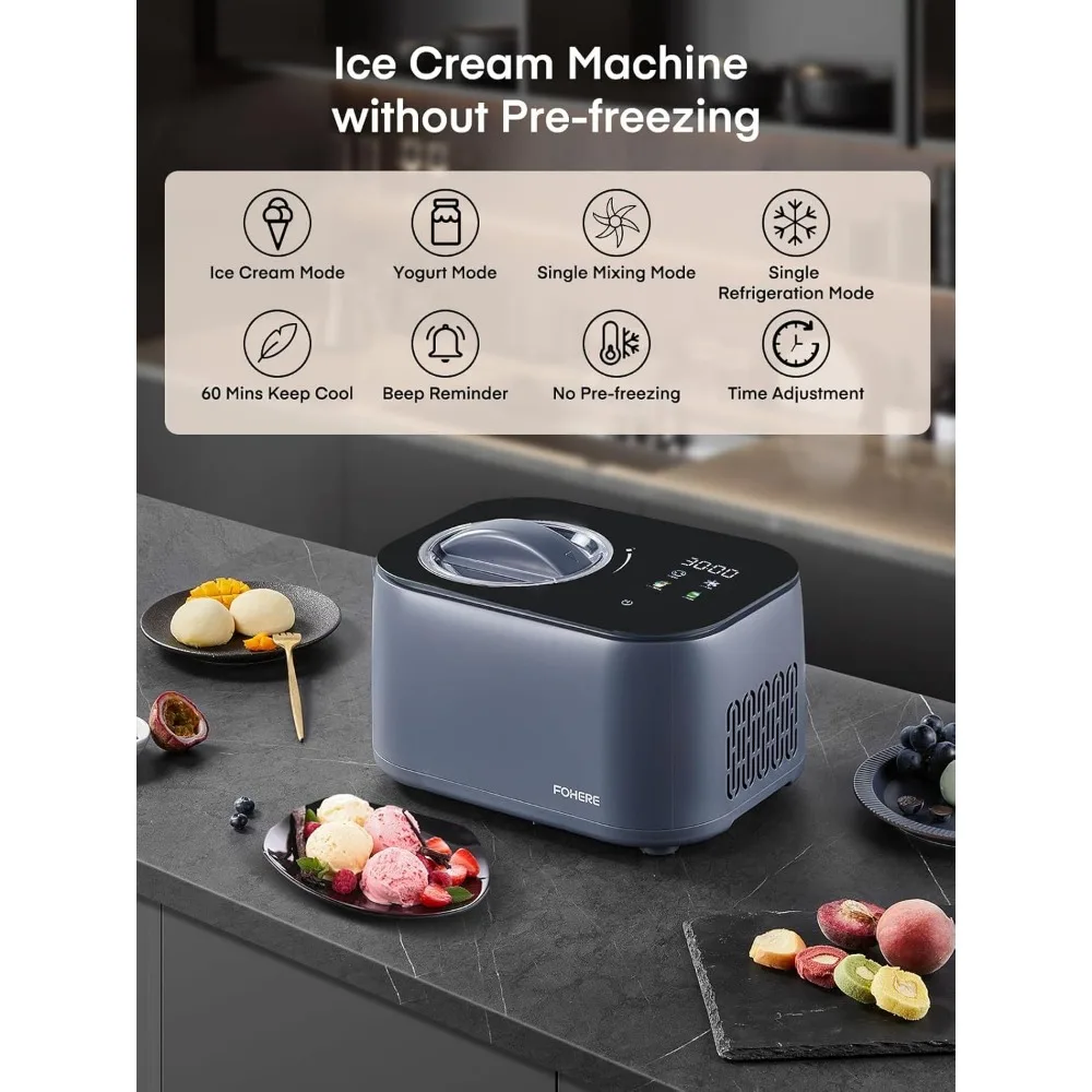 Touch Screen 1.2-Quart Automatic Ice Cream Maker with Compressor，No Pre-freezing，4 Modes Frozen Yogurt Machine with LCD Display