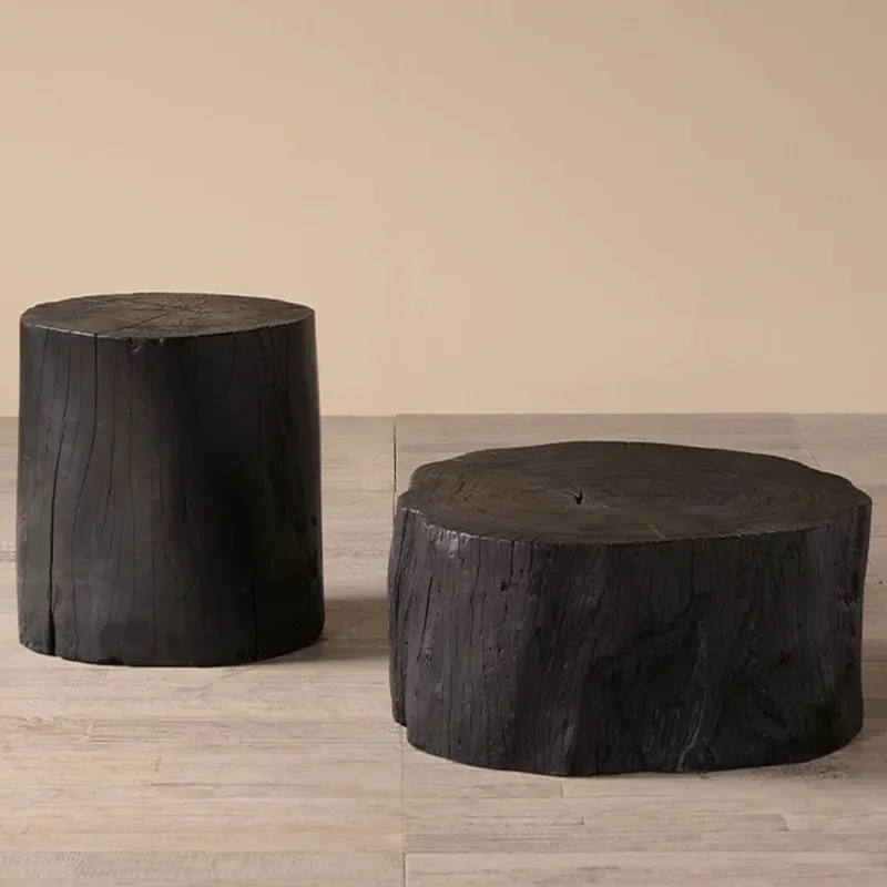 Wabi Sabi Wind Coffee Table Charcoal Burnt Black Stump Round Coffee Table Combination