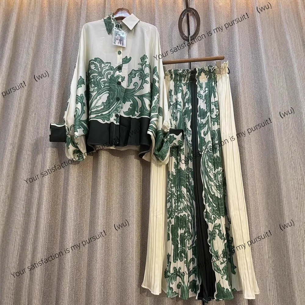 ZOCI-Women's Vintage Printed Loose Shirt Two-piece Set + Elastic Waist Pleated Wide Leg Pants Fashion Set