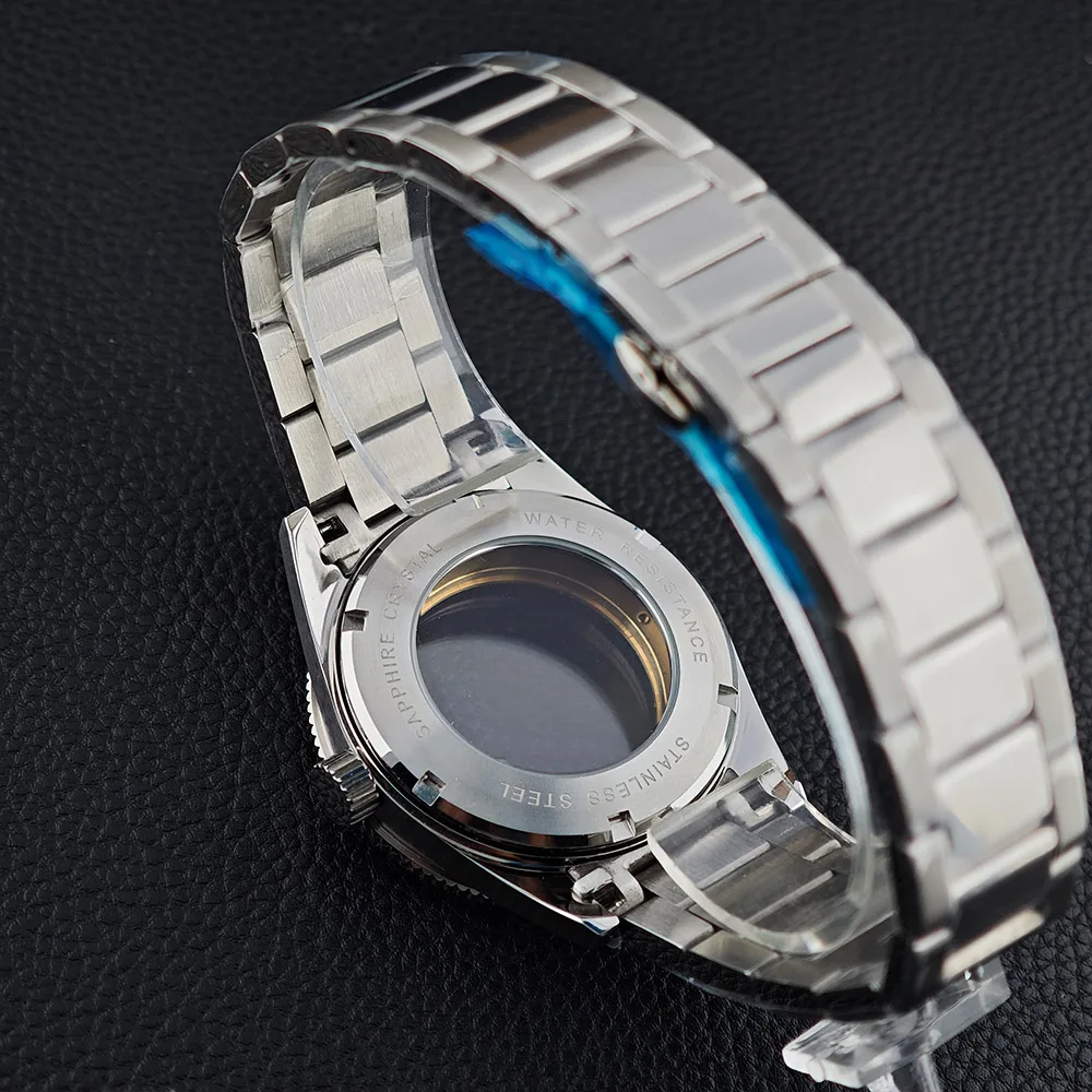 Obudowa męskiego zegarka w kolorze srebrnym, 41,7 mm, z mechanizmem M8215, akcesoria, szafirowa tarcza, zegarek na rękę 31 mm, pudełko na zegarek.