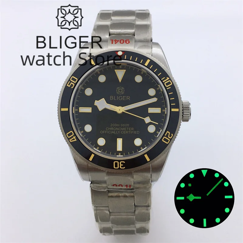 Bliger 39mm NH35A Movement Automatic Mechanical Diving Men's Watch Snowflake Hand Dome Glass C3 luminous Dial BB58 Reloj Hombre