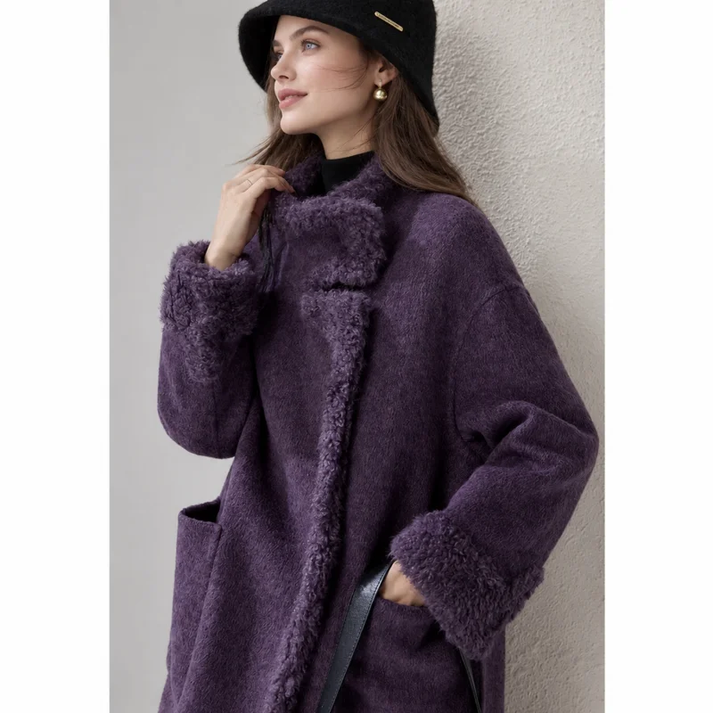 Women's Notched Lapel Long Coat, Fleece Trim Loose Fit Winter Warm Overcoat