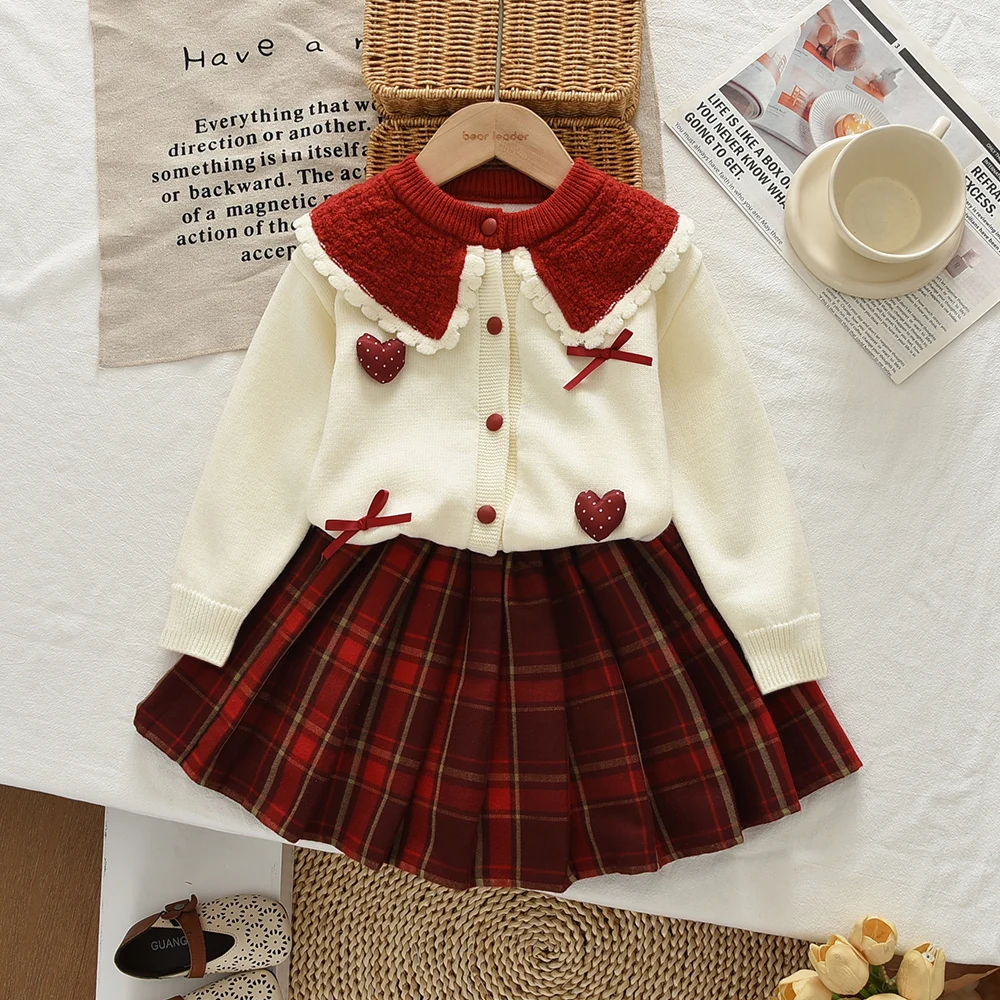 2-6 Year Old Autumn and Winter New Girls Clothes Bow Love Long Sleeve Sweater+Checkered Short Skirt 2 Pcs Sets for Children