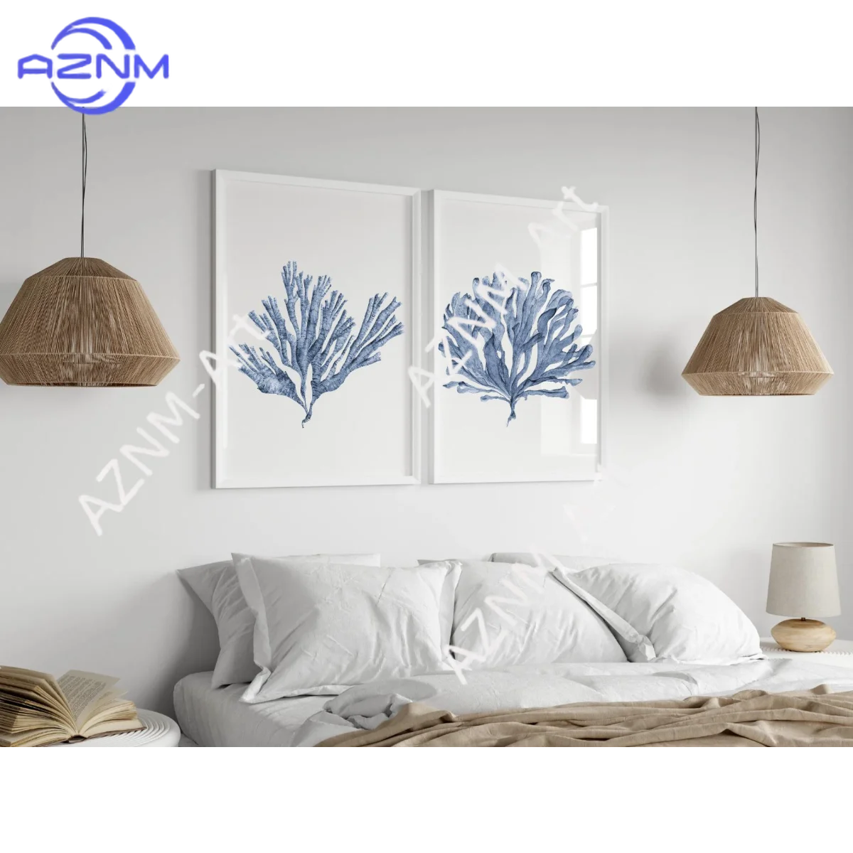 1/2Pcs 2 coral prints, blue coral wall art, watercolor painting coral, coral drawing, home decor, hamptons room ornament,