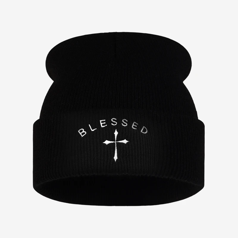 Blessed Cross Embroidered Beanie, Winter Cuffed Knit Hat, Unisex Warm Streetwear Cap for Men Women, Daily Outdoor Wear