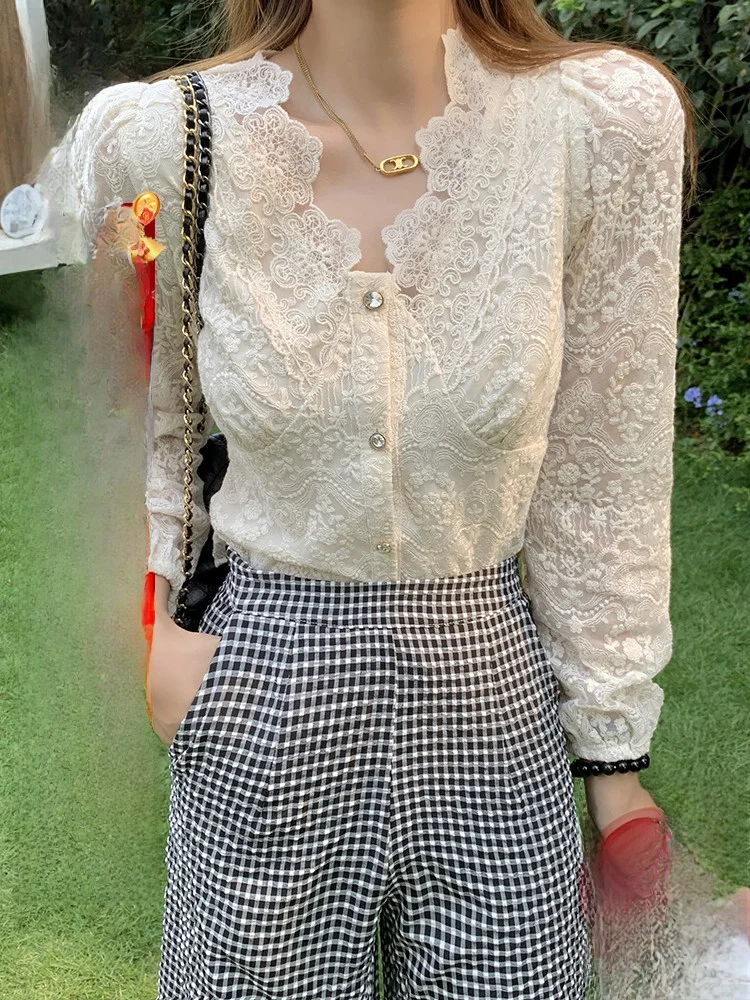 

Slim Fit V-Ne Lace Long Sve irt Ele Base Layer Top Women's Faionable French Sle Polyester Fiber Open Cardigan