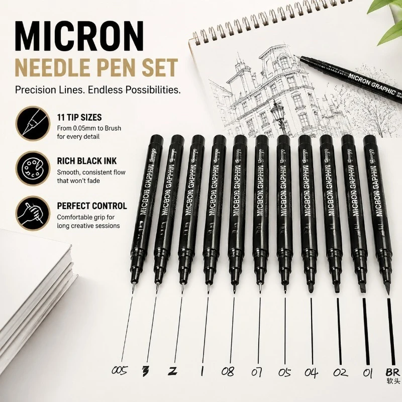 Juego de bolígrafos gráficos Micron, bolígrafos negros para dibujo con punta de gancho, 005 01 02 03 04 05 07 08 1.0 2.0 3.0, para líneas finas y pinceladas.