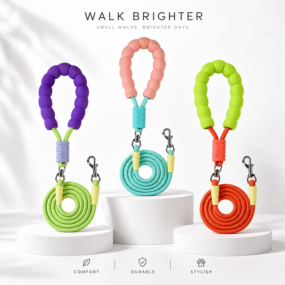 Soft Sponge Handle Dog Leash, High-Density Braided Round Rope, Durable Pull-Resistant Anti-Tug, Multiple Colors Available