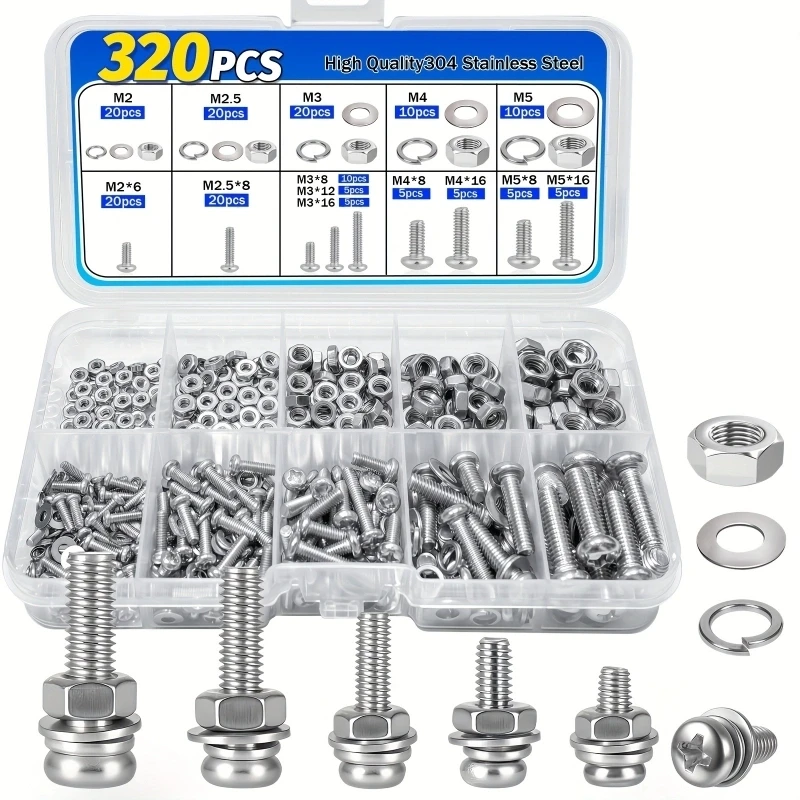 

320pcs Premium 304 Stainless Steel Screws And Nut Assortment Kit - Corrosion-Resistant, Snap-in Nuts, M2 to MS Sizes - Ideal f