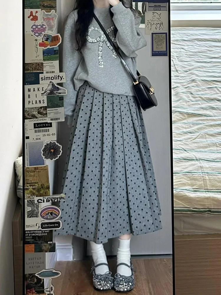 

Юбка трапециевидной формы в горошек, повседневные юбки из полиэфирного волокна с высокой талией, антидеформационные юбки для девочек, студенческие юбки длиной f