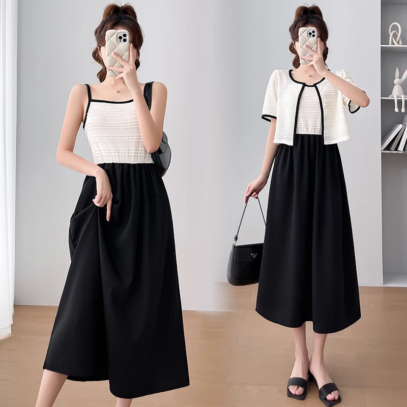 

Elegant Maternity Nursing Dress Suits Short Sleeve Cape+Strap Lactation Dress Twinset Fashion Pregnant Woman Feeding Clothes Set