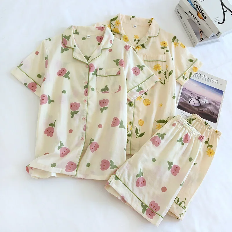 Conjunto de pijama de dos piezas para mujer, traje de Casa fino con pantalones cortos de manga corta y estampado de gasa de algodón 2024, novedad de