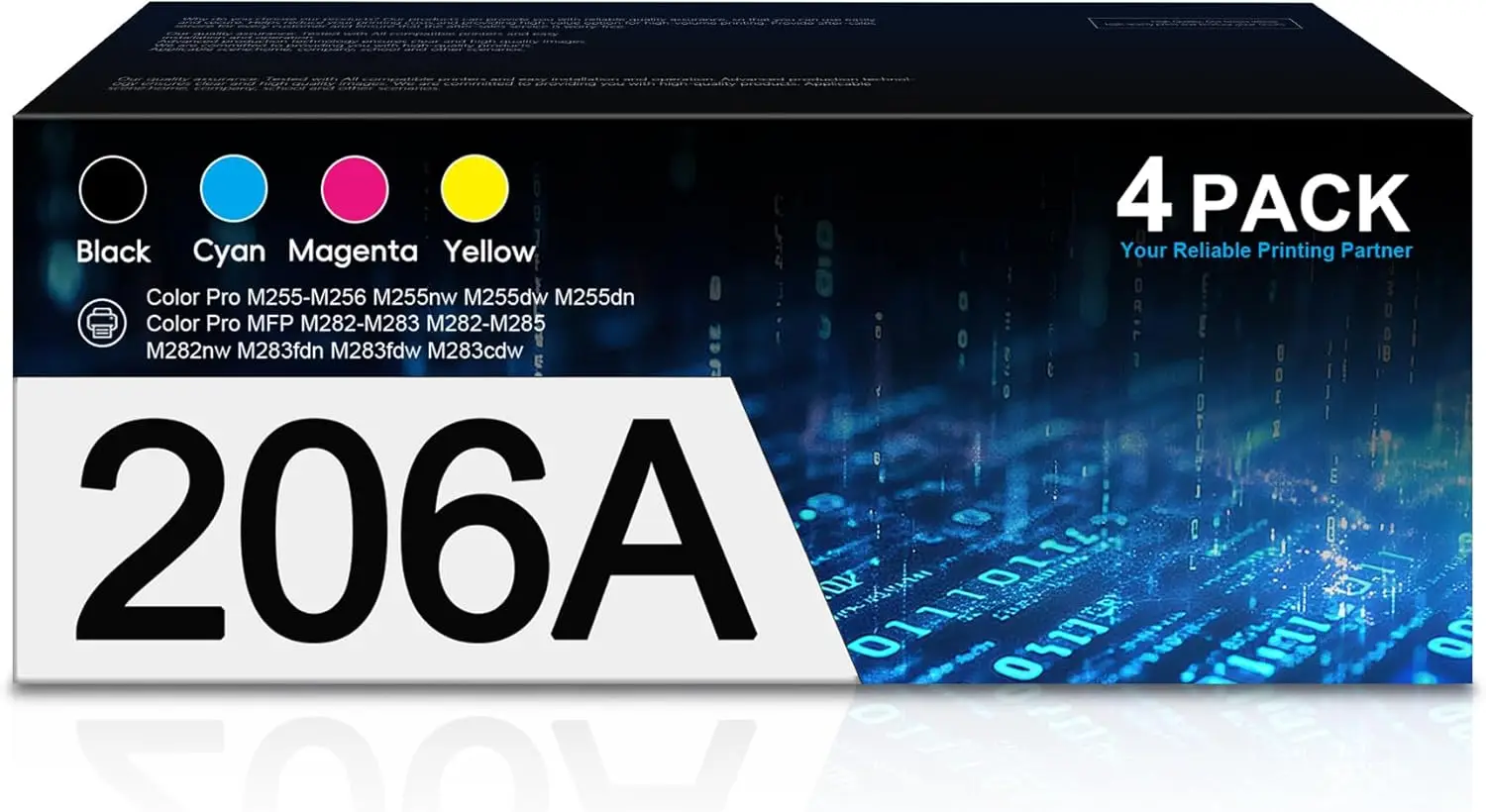 206A Toner Cartridges 4-Pack, High Yield, with Chip, Compatible with 206A/W2110A/W2110X for Color Pro MFP M283fdw, M283cdw, M282nw, M255dw, M255nw Printers