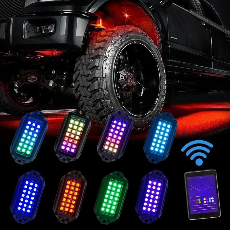 HONGCAR 4 8 connector hub high power car led rock lights rgb with Chasing APP Control Underglow Led Light Kit for truck