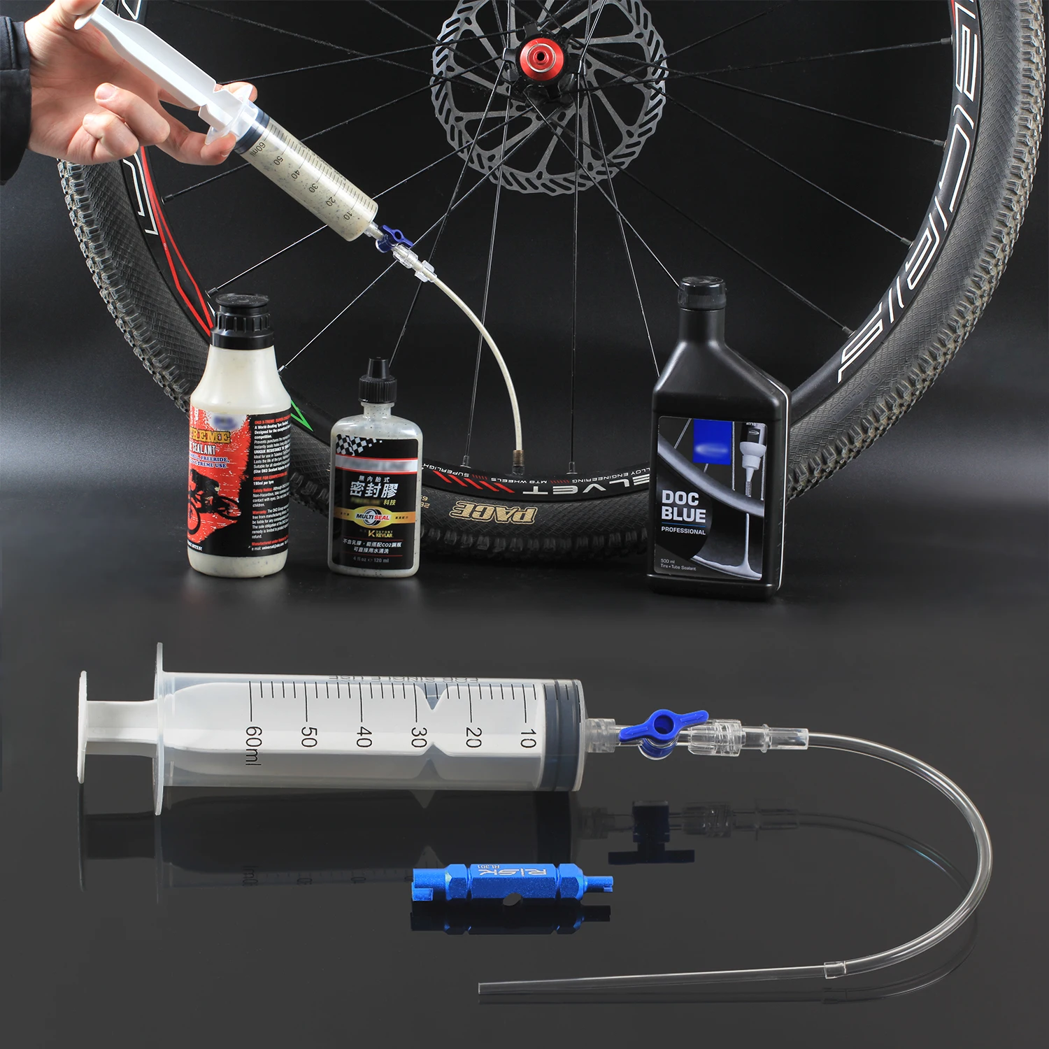 2 Sets Bike Tubeless Tyre Repair Kit, Sealant Injector, MTB Road Bicycle Fluid Syringe, with Valve Core Removal Tool, Accssories