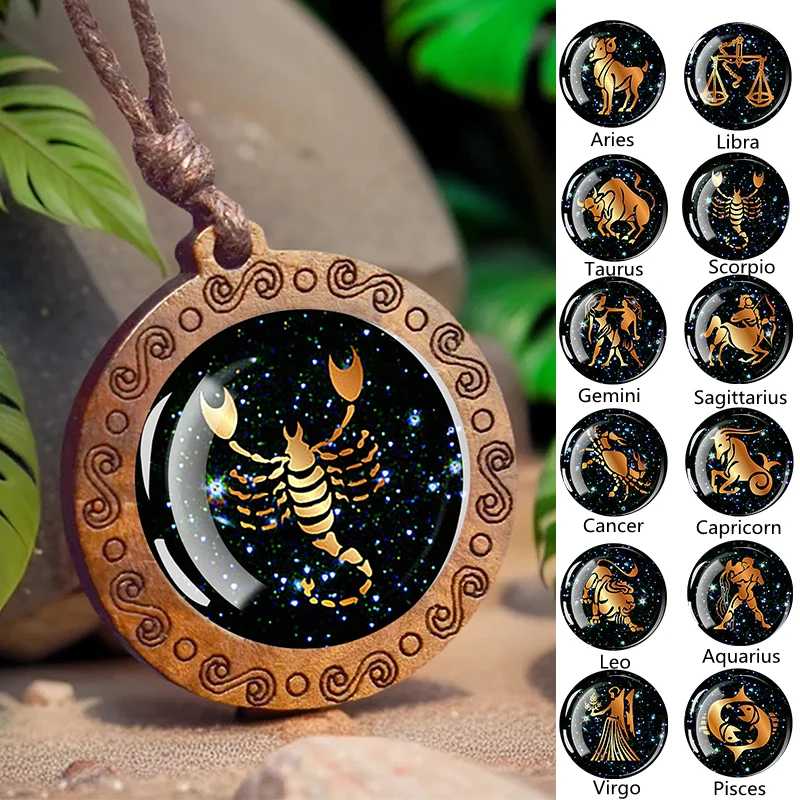 1pc Constellation Necklace Glass Wood Pendant Zodiac Sign Necklace Romantic Gift