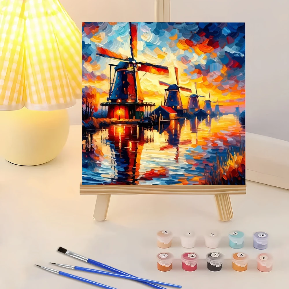 Huacan Digitales Ölgemälde Windmühle DIY Malen nach Zahlen Landschaftslandschaft Acrylfarbe auf Leinwand Wohnzimmer Heimdekoration