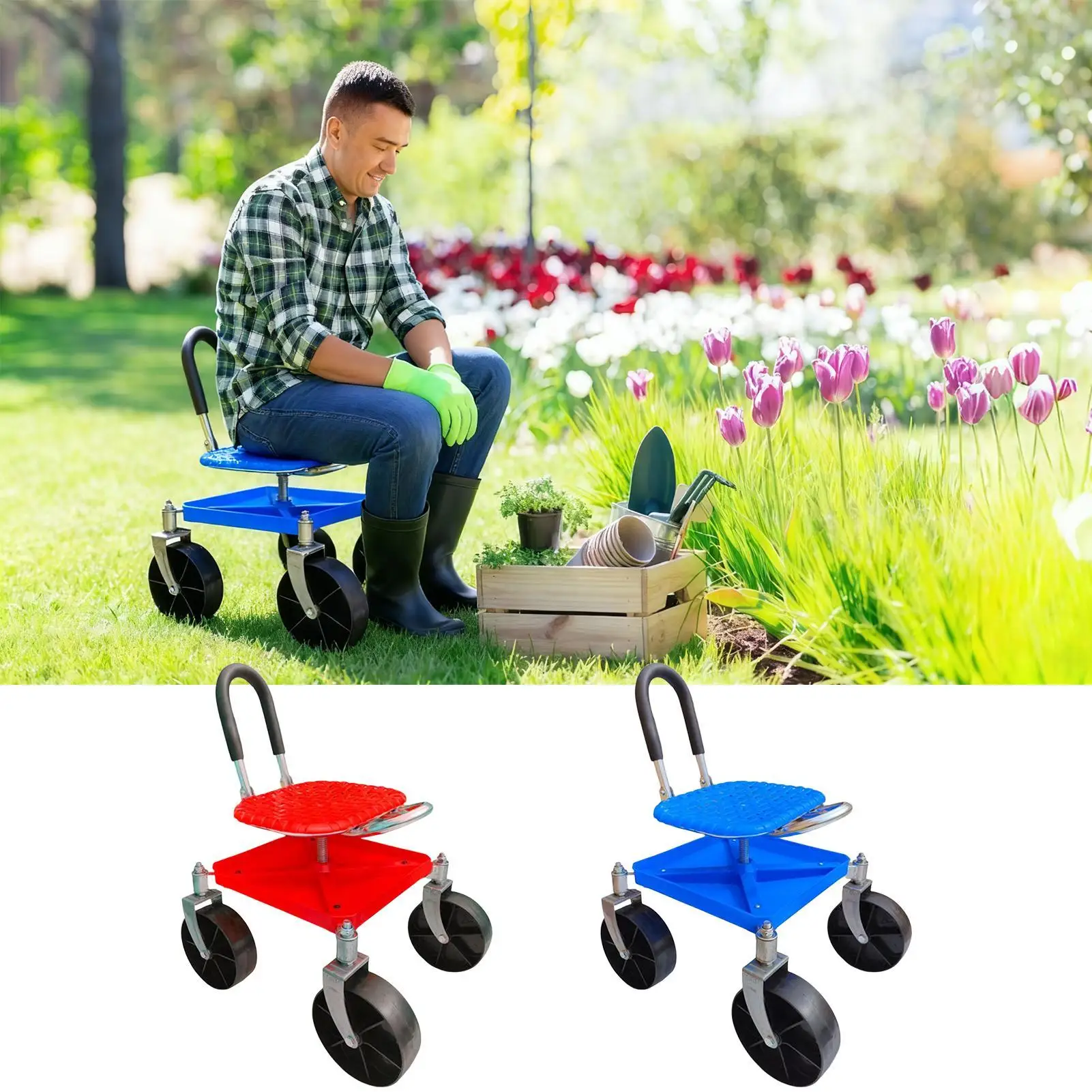 Garden Stool With Wheels Foldable Gardening Stool For Planting With Tool Tray Outdoor Workseat Chair For Indoor Yard Lawn Patio