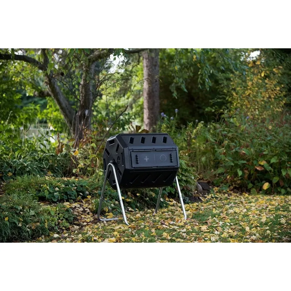 Composter de caída de doble cámara hecho en canadiense, resina 100% reciclada, contenedor de vaso de compost giratorio para exteriores para jardín