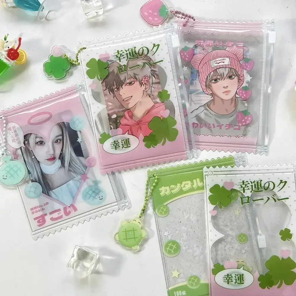 Lucky Clover Theme Japanese Photo Card Holder Cute Snack Packaging Bag PVC Transparent Card Holder for 3inch Photocard Protector