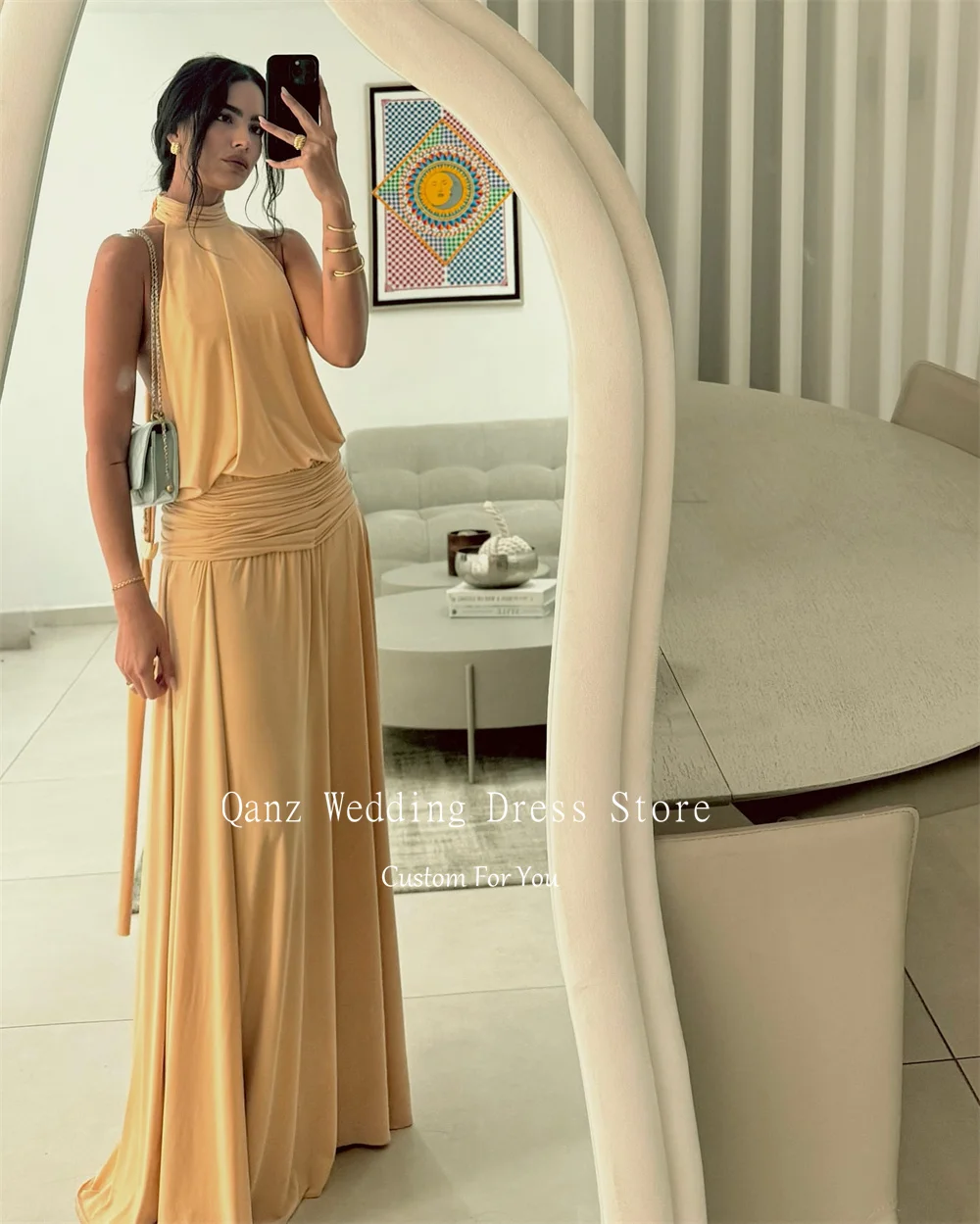Qanz Modern Evening Dresses Halter Neck Sleeveless Yellow Prom Dress Floor Length Elegant Dresses For Special Event Customized
