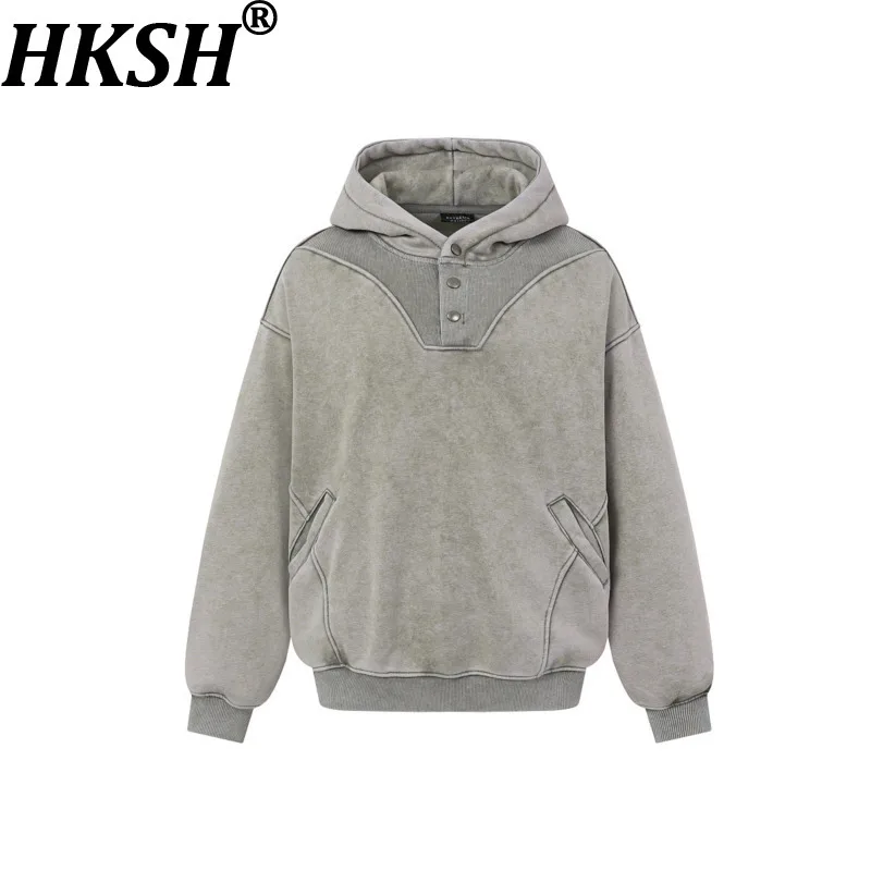 HKSH American Button Hooded Sweatshirt Spring Autumn Winter New Men Tide Chic Ins High Street Vintage Casual Punk Hoodie HK28546