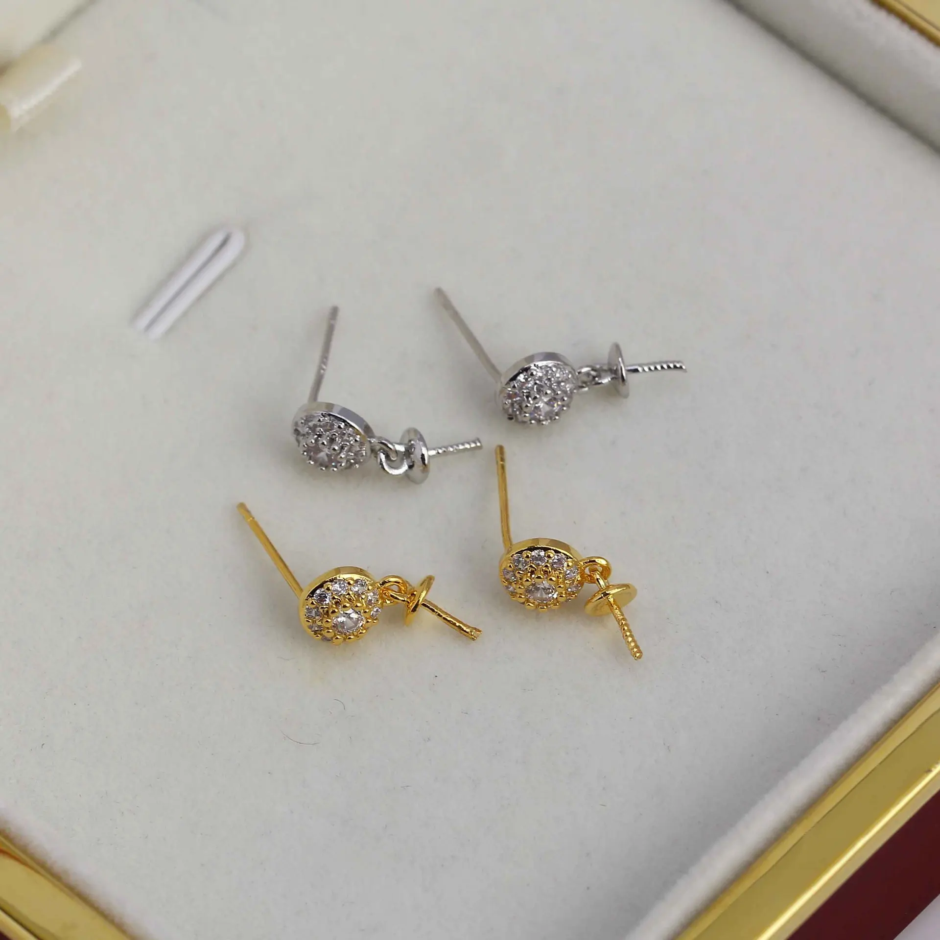 New Chinese Style Women Brass Gold Plated Small Compass CZ Blank Setting Handmade Findings For DIY Pearl Stud Earring
