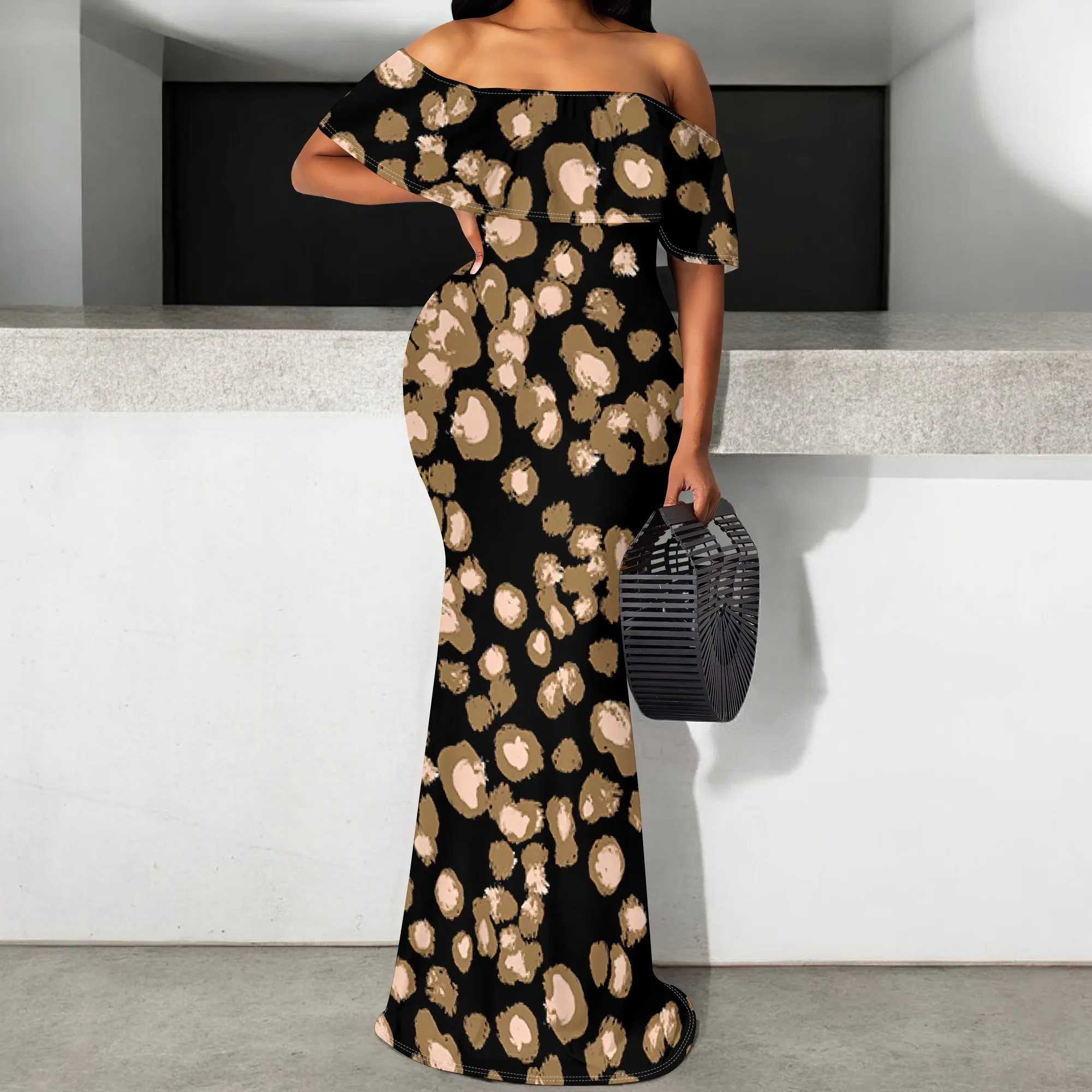 

Leopard Print Off Shoulder Maxi Dress for Women S-3XL Elegant Mermaid Fit Long Dress for Party, Church or Date Night