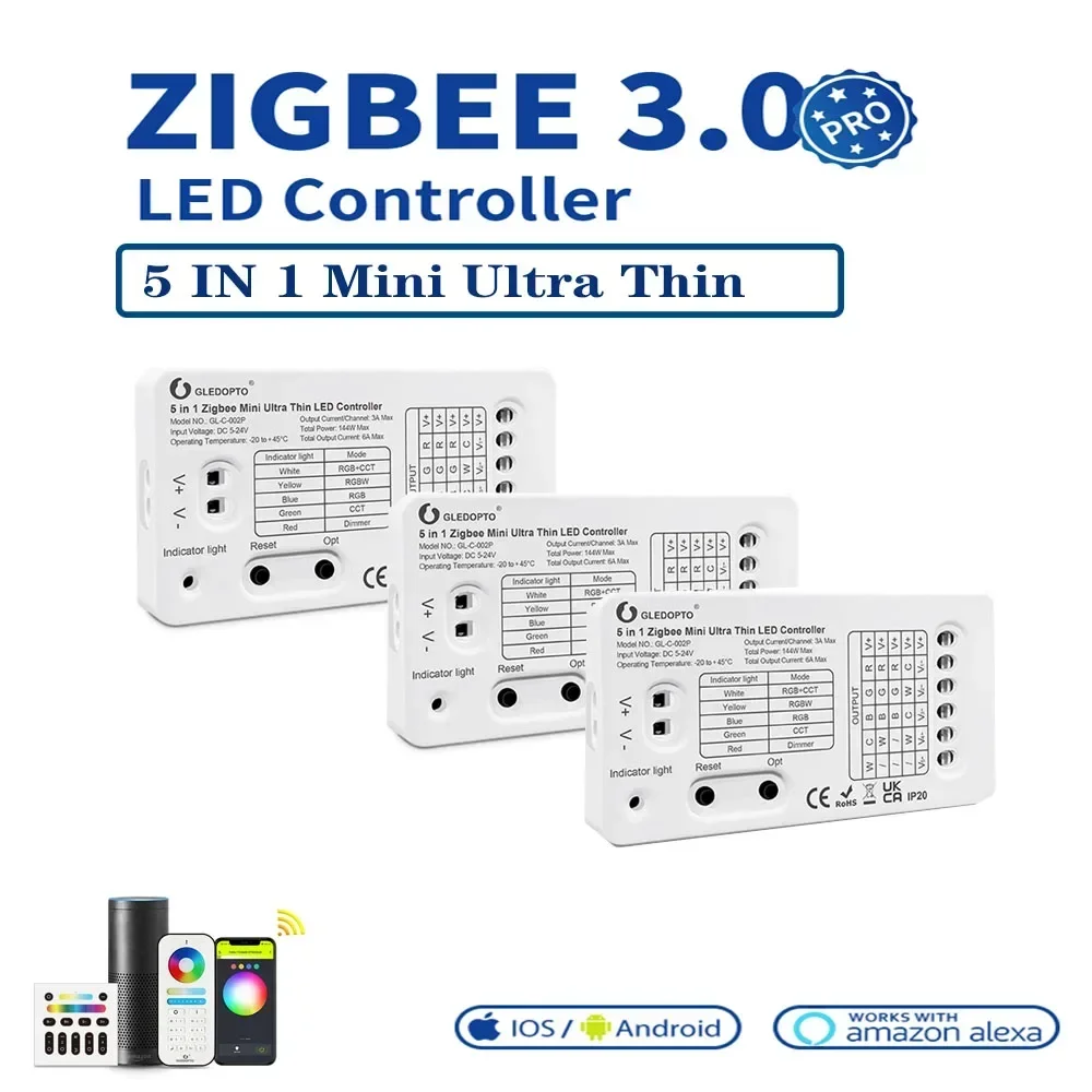 Zigbee Pro Utral тонкий мини-светодиодный контроллер 5 в 1, светодиодный контроллер постоянного тока 5-24 В RGBCCT/RGBW/RGB/WWCW/диммер