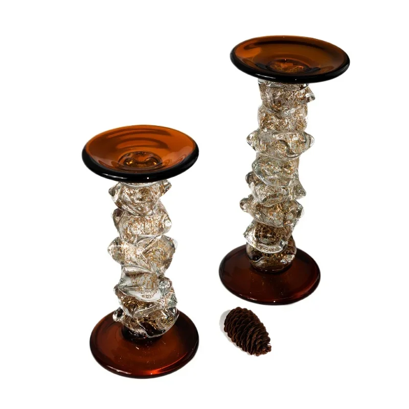 

Beautiful medieval candlestick heavy industry glazed brown texture retro niche art atmosphere ornament candle holder Christmas