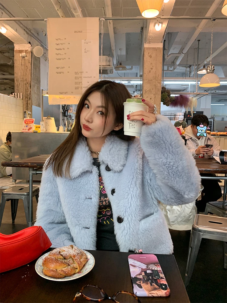 

Отно-синее меховое пальто, теплое осенне-зимнее новое поступление, утягивающее корейское пальто для поездок на работу, модное шерстяное кожаное пальто Jaet, женское пальто