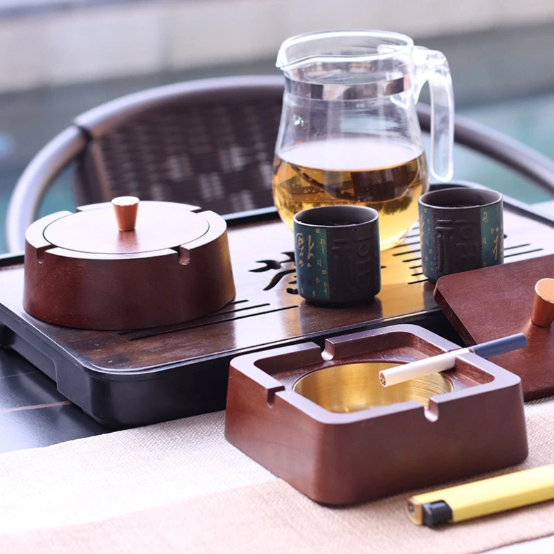 

Solid Wood Ashtray with Lid Stainless Steel Inner Liner Ash Trays for Office Living Room Use Circular Square Home Decoration