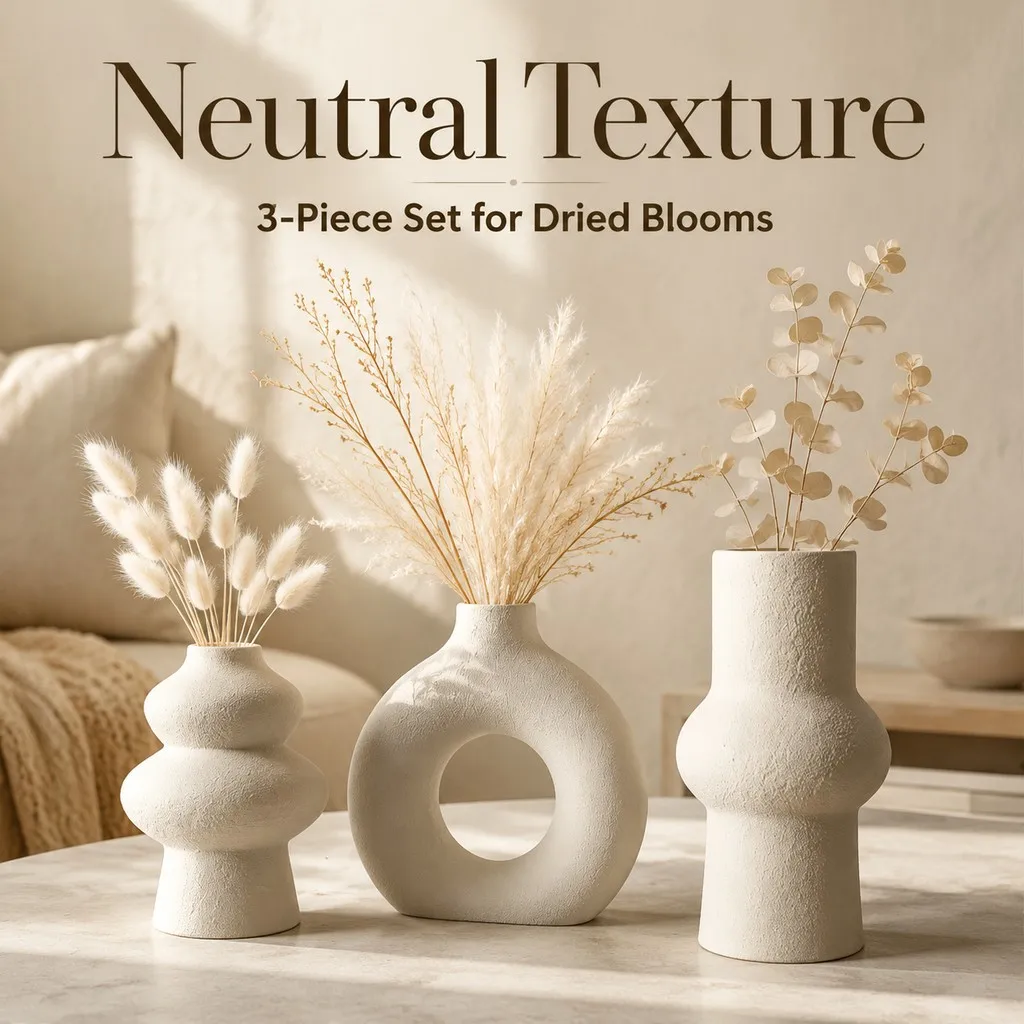 3Pack Hollow Ring Rough Textured Vase Set Eco PLA Neutral Sand Grain Vase Nordic Boho Decor For Dry Bouquet Palm Leaves Indoor T