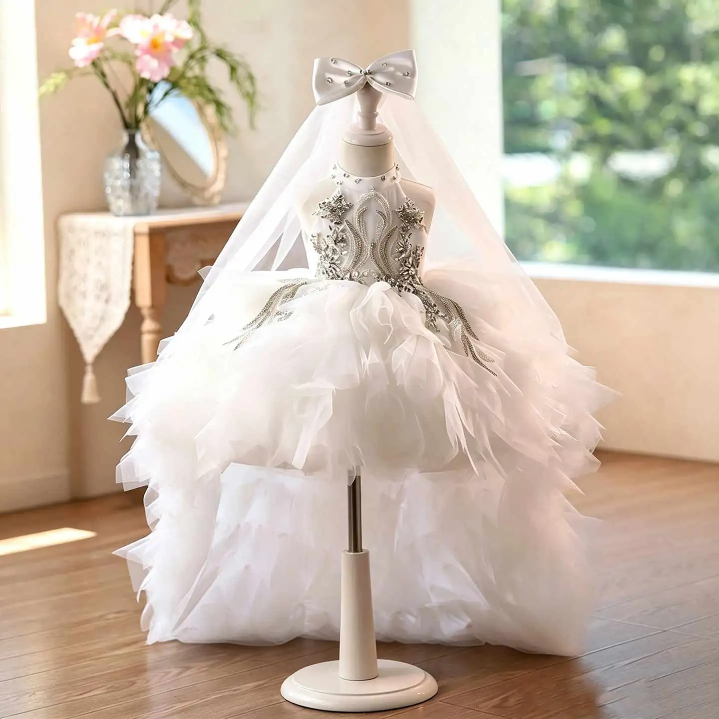 JILL WISH J850 Halter Heavy Rhinestone White Flower Girl Dress Puffy Tulle Gown With Train Kids Princess Dress For Wedding Party