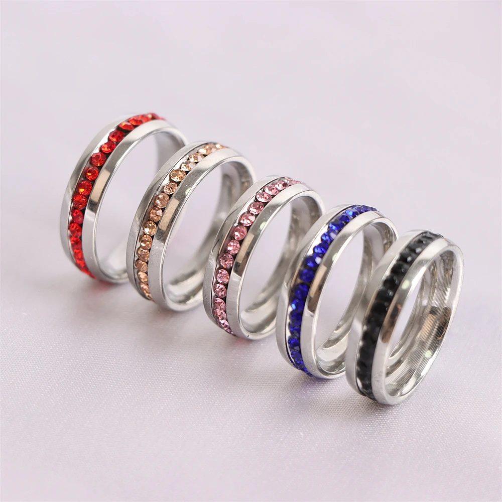 10Pcs/Lot Fashion Classic Heart Zircon Rhinestone Stainless Steel Wedding Ring For Women Engagement Jewelry Mix Style Party