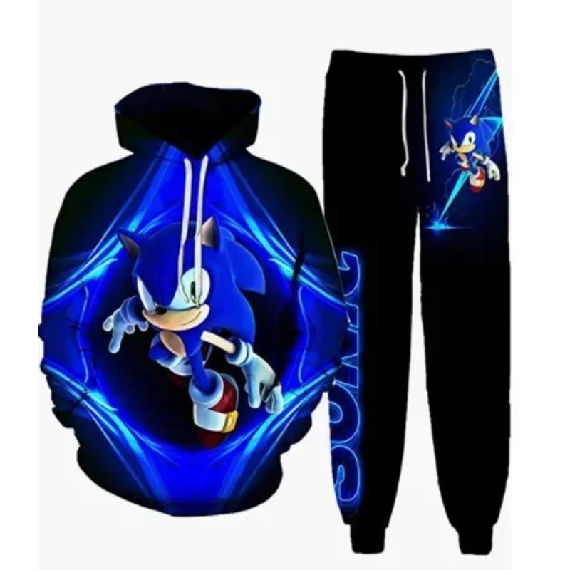 Cartoon Sonic Print Couple Outfit Fashionable Hooded Sweatshirt European and American Large Size Cool Sports Leg Pants Set