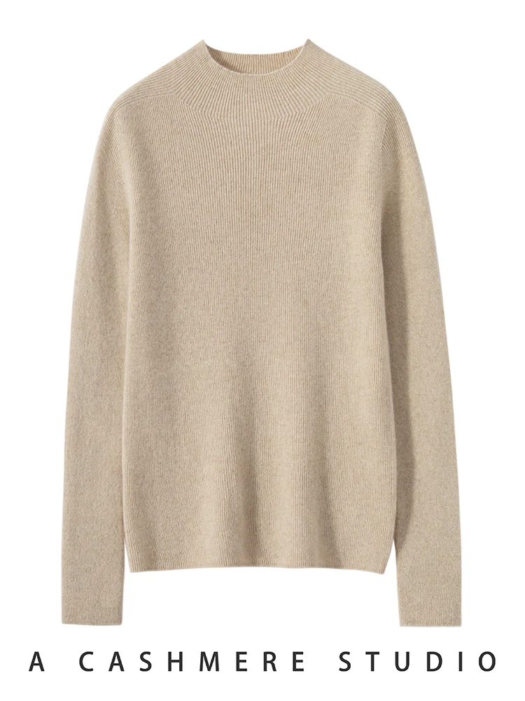 Damski sweter kaszmirowy 100% z golfem, długi rękaw, dopasowany, prosty, podstawowy, dzianina kaszmirowa, jesień-zima, miękki, ciepły, 2025