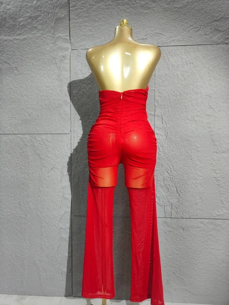 섹시한 레드 메쉬 러치드 스트랩리스 백리스 바디콘 점프수트 여성 셀럽 우아한 디자이너 하이 스트리트 팬시 클럽 롬퍼