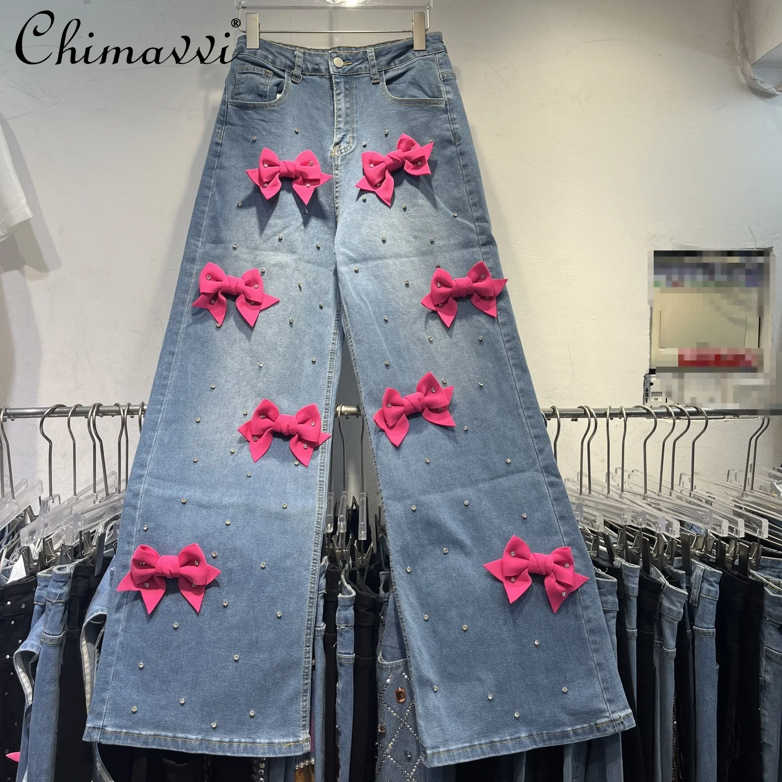 

Autumn New Heavy Industry Three-dimensional Bow Nail Drill Straight Pants Fashion Loose High Street Slim-fit Jeans Denim Pants