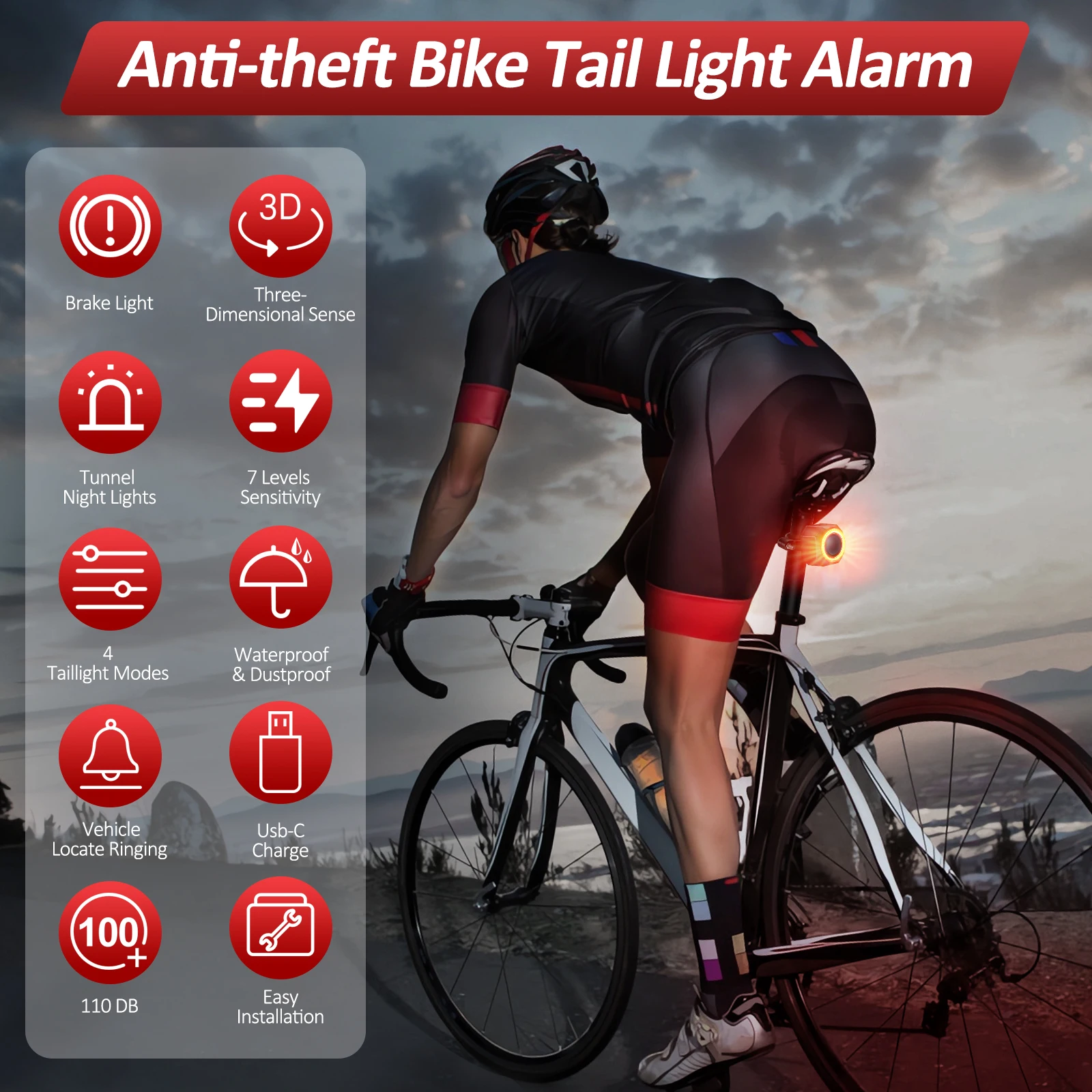 Bicycle Alarm With Brake And Tail Lights, Waterproof, Rechargeable, Bluetooth Remote Control